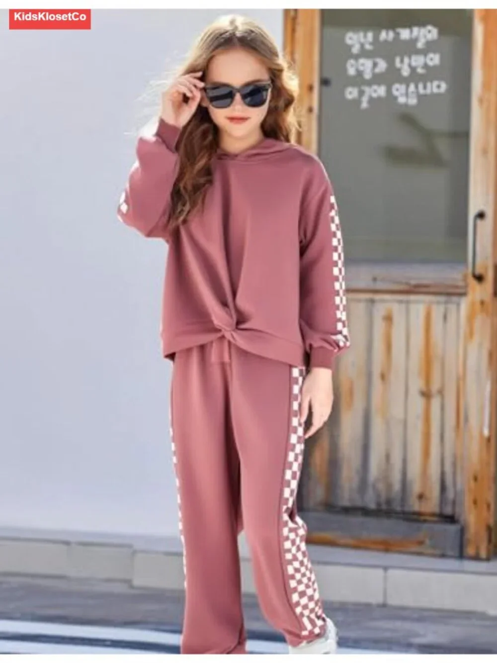 Girls 2 Piece Tracksuit Set Checkerboard Stripe Hoodie Sweatshirt and Pants